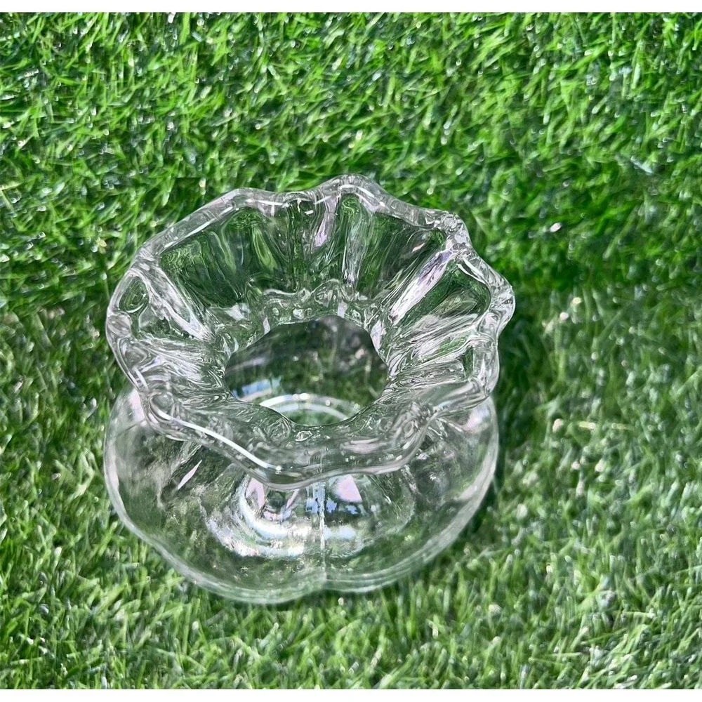 Clear Glass Drawstring Bag Pouch Vase Ruffled Rim Ribbed Texture 7in